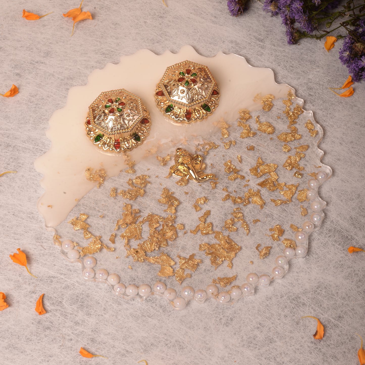 White Pearl Pooja Thali - 8 Inch (Handcrafted)