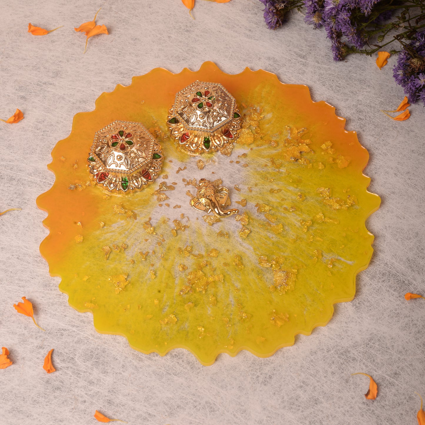 Marigold Pooja Thali - 8 Inch (Handcrafted)