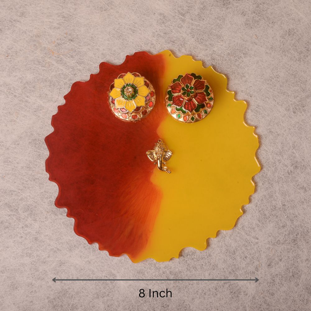 Yellow Red Pooja Thali - 8 Inch (Handcrafted)