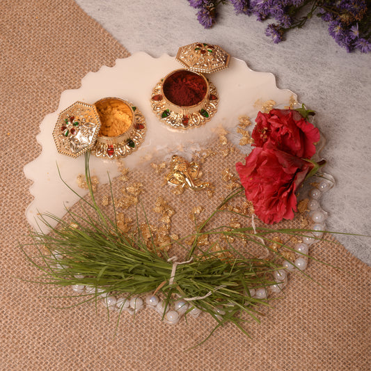 White Pearl Pooja Thali - 8 Inch (Handcrafted)