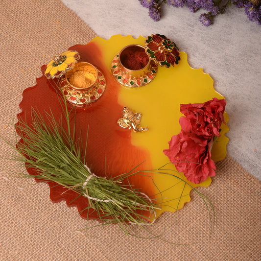 Yellow Red Pooja Thali - 8 Inch (Handcrafted)