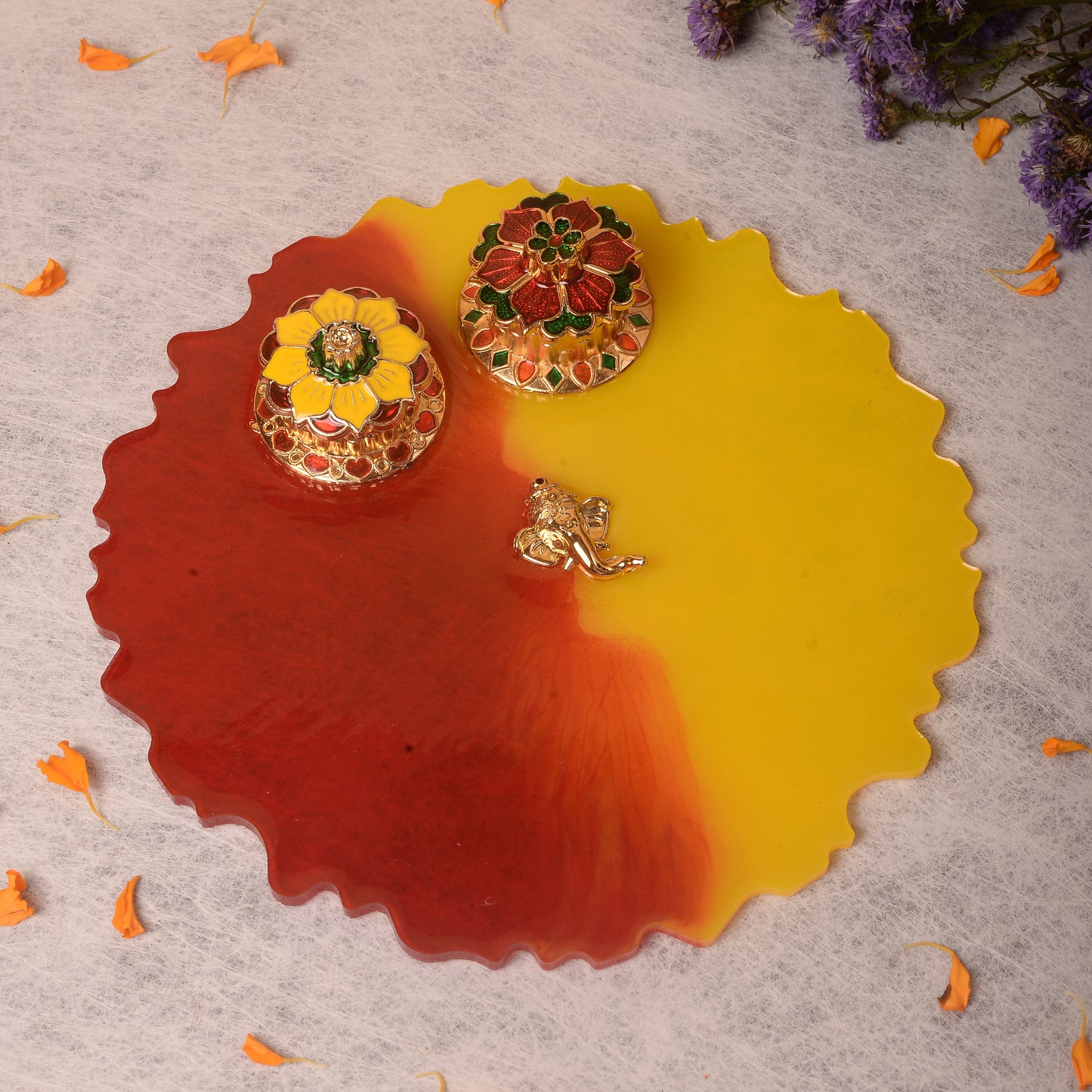 Yellow Red Pooja Thali - 8 Inch (Handcrafted)